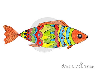 Bright Fish in red, blue, yellow, green colors. Cartoon Illustration