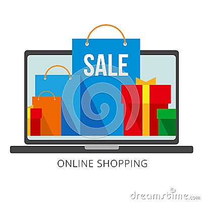 Bright flat shopping bags and boxes on laptop screen and at the front Vector Illustration