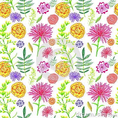 Bright summer flowers seamless pattern on white background. Stock Photo