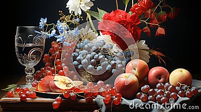 Bright floral fruit still life on the table Stock Photo