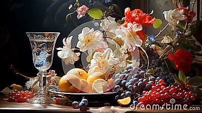 Bright floral fruit still life on the table Stock Photo