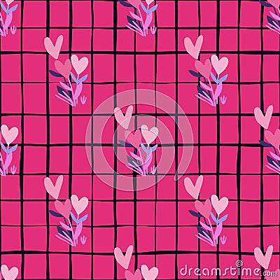 Bright floral seamless pattern with flowers and hearts. Pink background with check. Abstract botanic print Cartoon Illustration