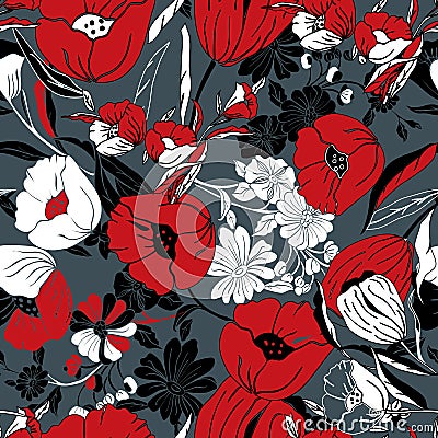 Vector illustration Bright red, grey, white and black poppy flowers Vector Illustration