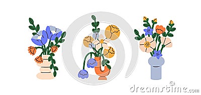 Bright flower bouquets set. Blossomed floral bunches in modern vases. Summer blooms, romantic gifts. Showy garden flora Vector Illustration