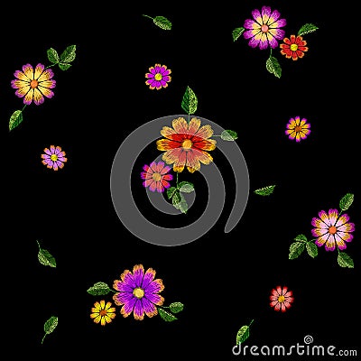 Bright flower embroidery colorful seamless pattern. Fashion decoration stitched texture template. Ethnic traditional Vector Illustration