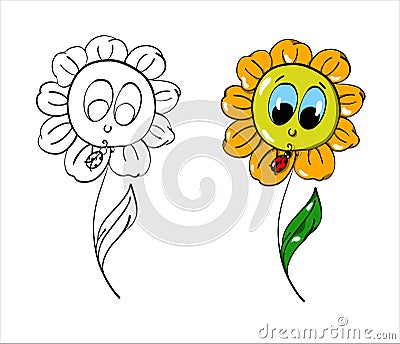 Flower and ladybug. Coloring. Vector Vector Illustration