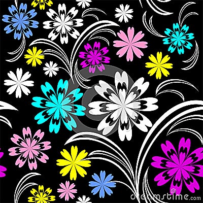 Bright flower seamless pattern with colorful flowers on black. Vector Illustration