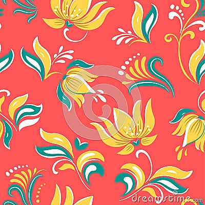 Bright flowers floral Russian beautiful folk ornament with bird. Vector illustration. Seamless pattern background. Vector Illustration