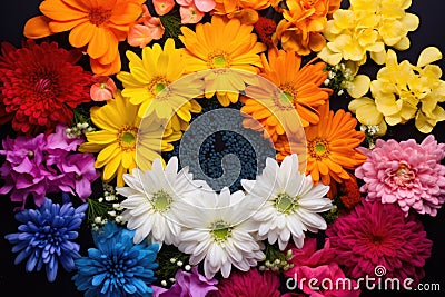 bright flowers organized into a color wheel formation Stock Photo