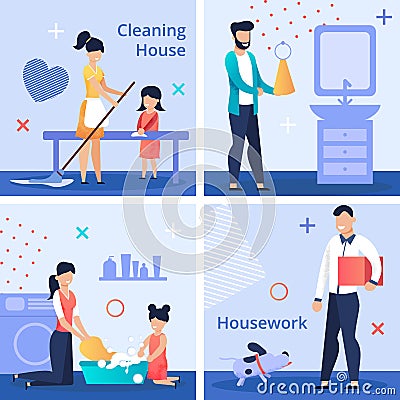 Bright Flyer Set Written Cleaning House Housework. Vector Illustration