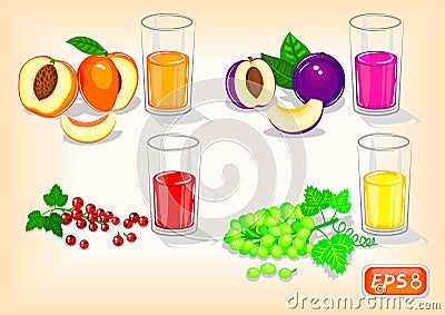 Refreshing juices with fragrant fruits and berries Vector Illustration