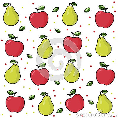 Bright fruit: pear, apple. Fruit print on white background. Ripe red apple with leaf. Ripe pear with a leaf. Vector pattern back Vector Illustration