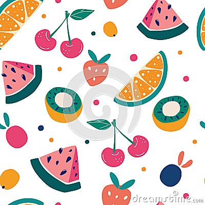 Bright fruit seamless pattern in hand-drawn style. Vector repeat background for colorful summer fabric. Cartoon fruit background. Vector Illustration
