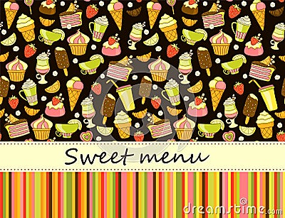 Bright fruit and sweet seamless pattern on black Vector Illustration