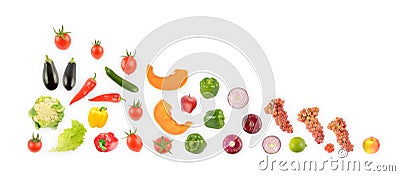 Bright fruits and vegetables on white. Free space for text Stock Photo