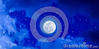 Bright Full Moon and Stars in Cloudy Blue Night Sky Banner Stock Photo
