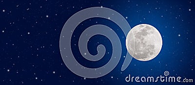 Bright Full Moon and Twinkle Stars in Dark Blue Night Sky Banner Stock Photo