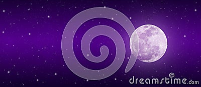 Bright Full Moon and Twinkle Stars in Dark Purple Night Sky Banner Stock Photo