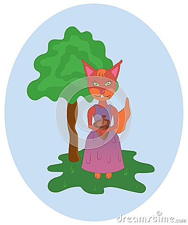 Bright funny cartoon squirrel with a nut in his hands in a clearing with grass and a tree Vector Illustration