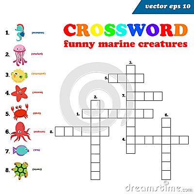 Bright and funny cartoon style underwater creatures crossword. Vector Illustration