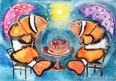 Bright funny fish with umbrellas Cartoon Illustration