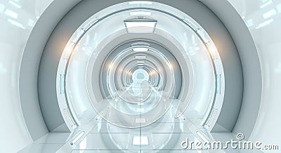 Bright futuristic spaceship corridor 3D rendering Stock Photo