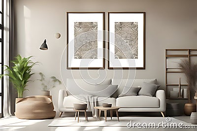 Bright gallery room interior with empty white posters Stock Photo
