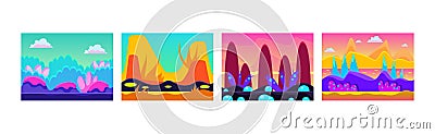 Bright Gaming Background with Abstract Nature Environment Vector Set Vector Illustration