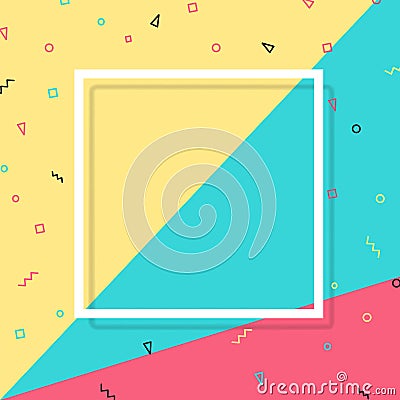 Bright geometric in the style of the 80`s 90`s for the cover design and square frame on multicolored background Vector Illustration