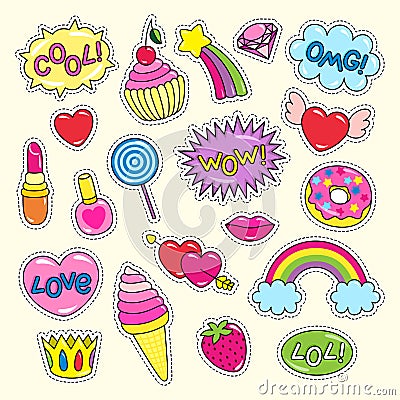 Bright Girlish Stickers in Pink and Red Colors Set Vector Illustration