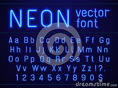 Bright glowing blue neon alphabet letters and numbers font. Nightlife entertainments, modern bars, casino illuminated Vector Illustration