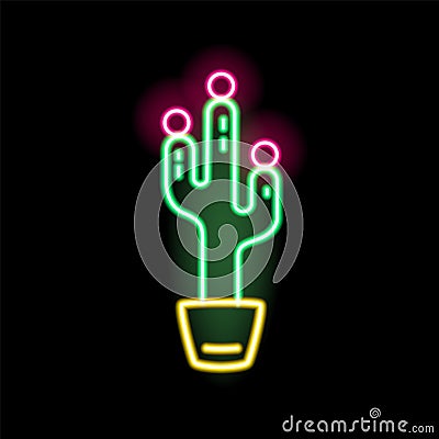 Bright glowing neon cactus in pot vector flat illustration in outline style. Colorful fashion sign peyote decorated with Vector Illustration