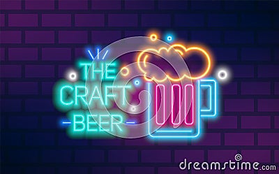 Bright glowing neon light the craft beer sign vector flat illustration. Colorful glass mug with foamy malt beverage Vector Illustration