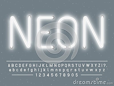 Bright glowing white neon sign characters. Vector font with glow light letters and numbers lamps Vector Illustration