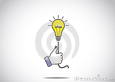 Bright glowing yellow idea solution light bulb held by young hum Vector Illustration