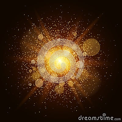 A bright gold flash with magical dust is on a black background. Footage for photos and video. Vector illustration Cartoon Illustration