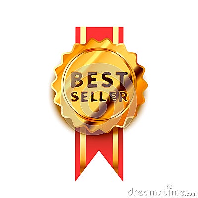 Bright golden badge with red tape, glossy best seller icon on white Vector Illustration