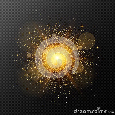 A bright golden flash with magical dust is isolated on a transparent background. Christmas fire. Flash, highlight for your project Cartoon Illustration