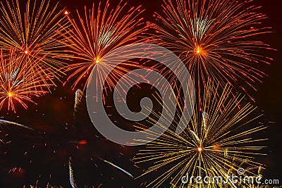 Bright golden glowing spheres and flickering stars, fireworks. Elegant background. New Year, Independence Day, all Stock Photo