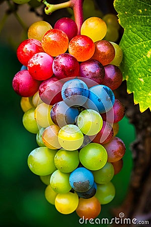 Bright grapes of rainbow colors on the vine, Stock Photo