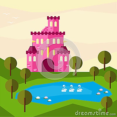 Bright graphic illustration with cartoon pink colored castle for use in design Vector Illustration