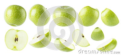 Bright green apples rich collection, whole cut half, slices tails, seeds, different sides isolated on white background. Stock Photo