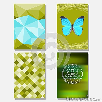 Bright green and blue colored set with geometric butterfly and polygonal background for use in design for card, poster, banner Vector Illustration