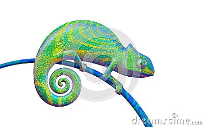 Bright green chameleon on white background, 3d rendering. View s Stock Photo