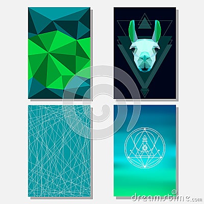 Bright green and deep blue colored set with geometric llama and polygonal background for use in design for card, poster, banner Vector Illustration