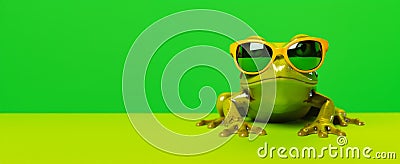 Bright green frog in sunglasses on bright green background, banner with copy-space. Stock Photo