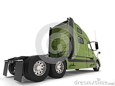 Bright green modern semi trailer truck - back view Stock Photo