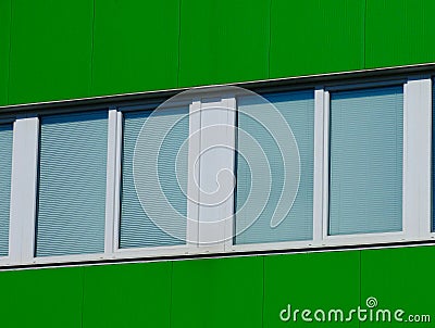 Bright green office building exterior siding detail with white plastic windows Stock Photo