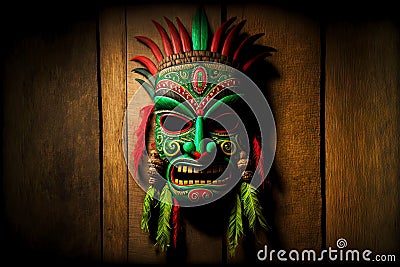 bright green-red tiki mask of indians hanging on wooden wall Stock Photo