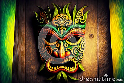 Bright green-red tiki mask of Indians hanging on wooden wall Stock Photo